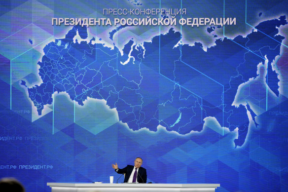 President Vladimir Putin at his annual news conference in Moscow in 2021. He cancelled the most recent one, reportedly to avoid scrutiny over the war.