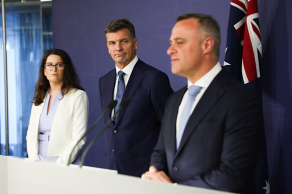 New Leader of the Opposition Angus Taylor with the new Finance Minister Claire Chandler (left) and Shadow Treasurer Tim Wilson (right).