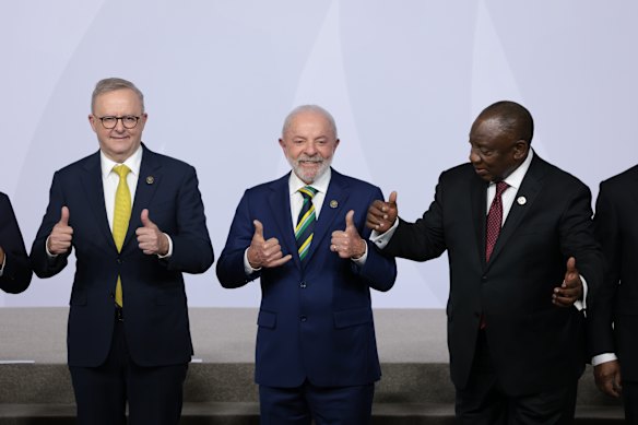 Prime Minister Anthony Albanese, Brazilian President Luiz Inacio Lula da Silva and South African President Cyril Ramaphosa on the opening day of the summit in Johannesburg.