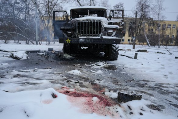 Blood colours the snow on the outskirts of Kharkiv.