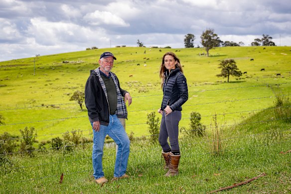 Farmer David Bywater and Bec Skilton on Bec’s property with the proposed site of the Garfield North quarry on land in the background.