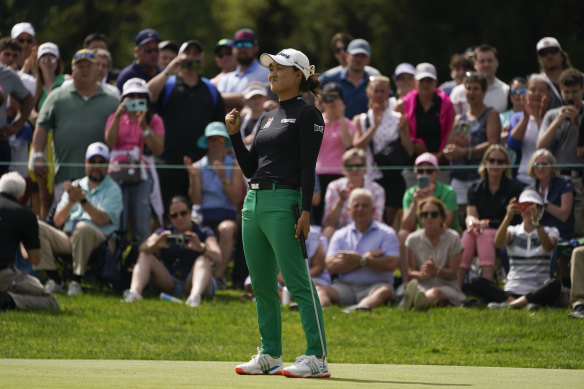 Minjee Lee reacts as she sinks her final putt to win last month’s Founders Cup.