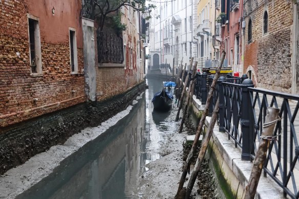 A dry canal in Venice last week.