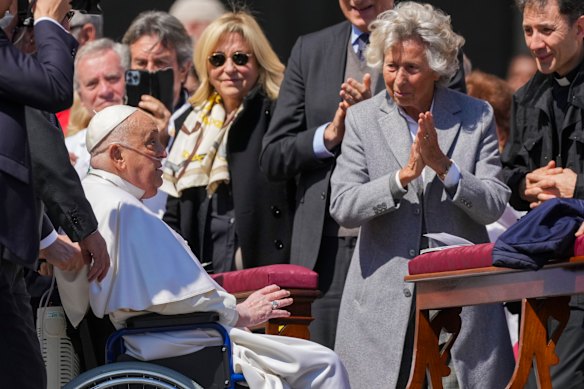 Pope Francis is cheered by the faithful at the end of a Mass in St Peter’s Square, Sunday, April 6, 2025.