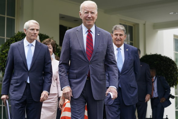 Stifling progress: US President Joe Biden (centre) with Joe Manchin (right). Manchin has long trodden a more conservative path than his Democratic peers, however patience is wearing thin even within the coal union.