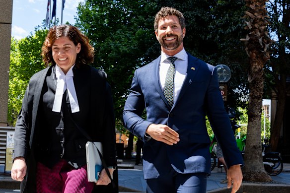 Former special forces barrister Heston Russell and his barrister Sue Chrysanthou, SC, outside the Federal Court in Sydney on Monday.