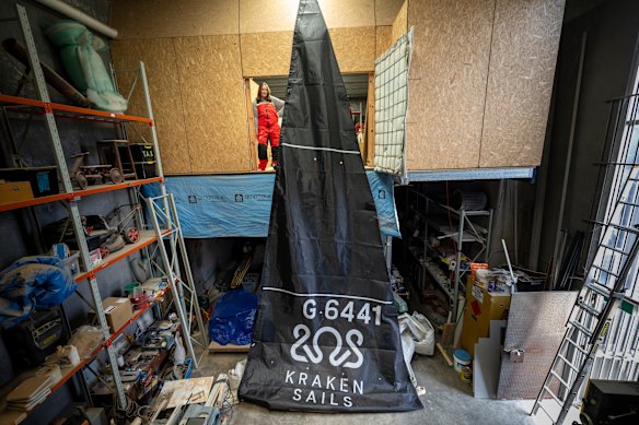 Christie Hamilton with one of her sails in Kraken’s Melbourne loft.