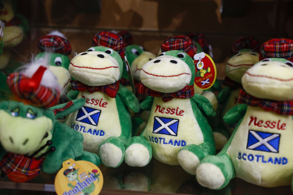 Merchandise on sale in a shop next to Loch Ness.