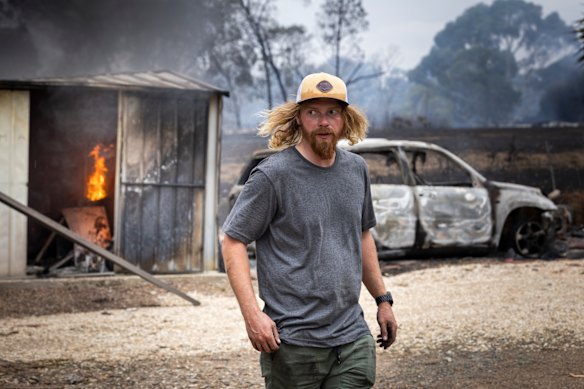 Wyatt Moncrieff at his Panorama Road property after the bushfires near Longwood East.
