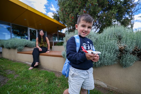 Sophia and her son Alessio (4), Sophia  is a parent at the Chelsea kindergarten who says sessional kindergartens need more funding and also more choice - sessional kindergartens shouldn’t have to offer the 15 hours of kinder if it doesn’t suit the service of the families. 