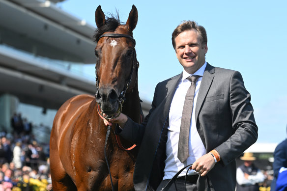 Bjorn Baker with Ozzmosis after his Coolmore Stud Stakes win at Flemington on Saturday. 