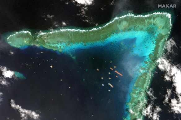 Satellite image of Chinese vessels in the Whitsun Reef in a disputed zone, March 23, 2021. 