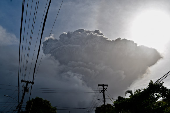 Ash rises into the air as La Soufriere volcano erupts on the eastern Caribbean island of St Vincent.