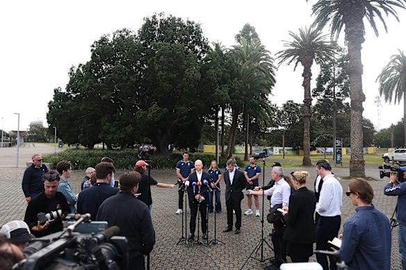 Cricket Australia chair Mike Baird and CEO Todd Greenberg address the media pack in Sydney.