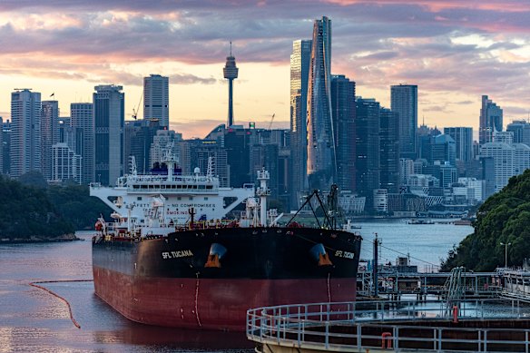 An oil tanker moored in Sydney. Oil rose above $103 a barrel after losing more than 2 per cent on Wednesday