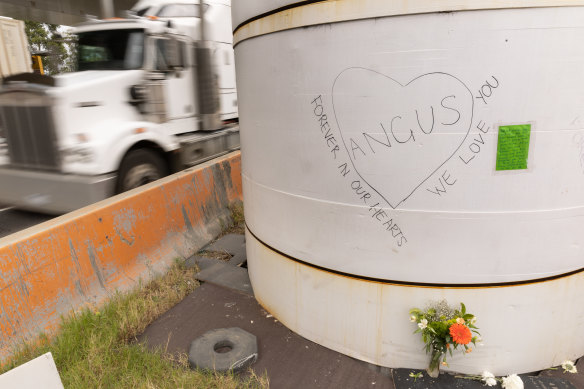 A tribute for cyclist Angus Collins at the Footscray Road intersection where he was killed.