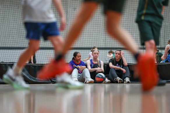Zara Garcia, Freya Morris, Skye Coonerty from the Westgate Imperials at Recwest Community sports facility, Braybrook. Their 16-year-old girls basketball team has just been told they can’t play this season as they don’t have a court available.