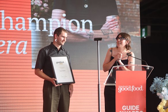 Blue Hyslop and Caitlin Baker accepting the Cultural Change Champion award at the Good Food Guide awards ceremony.