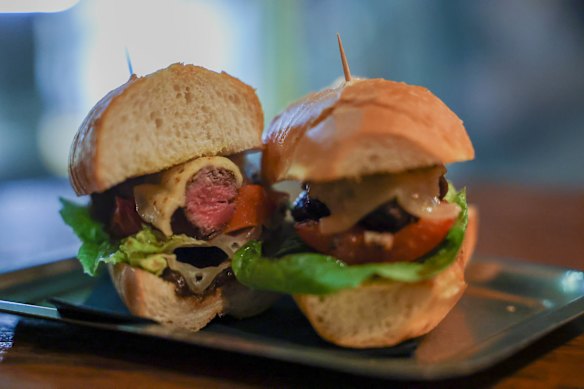 Steak sandwich with eye fillet, onion jam and gruyere.