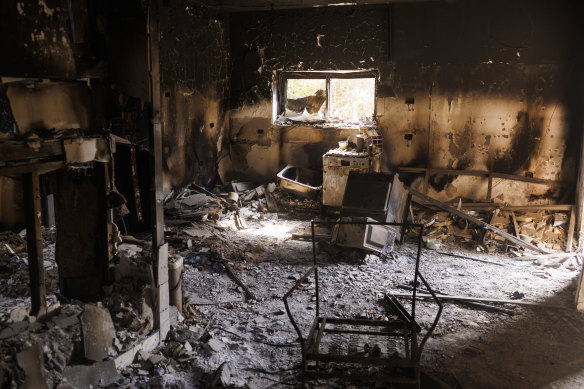 The burnt house of Vivian Silver, 74, after it was attacked in Kibbutz Be’eri.