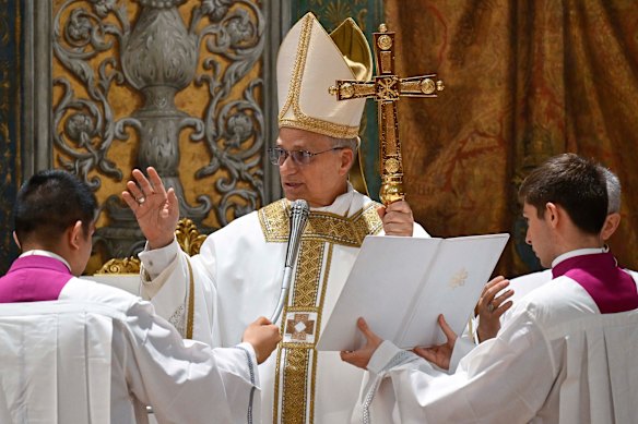 Pope Leo XIV conducts mass with the College of Cardinals inside the Sistine Chapel.