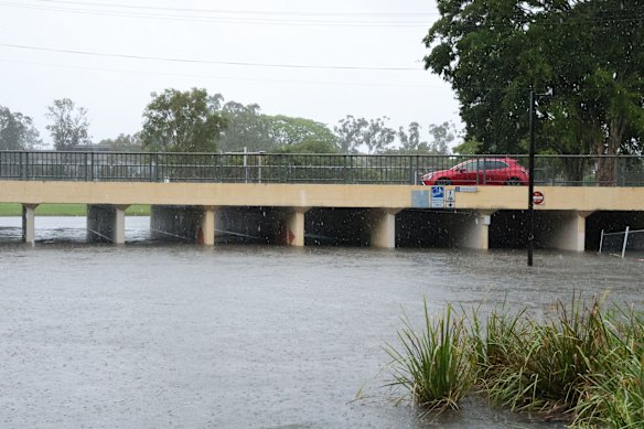 Norman Creek swells in the downpour.