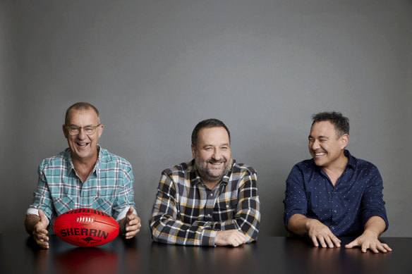 Andy Maher, Mick Molloy and Sam Pang in the irresistible AFL chat show The Front Bar.