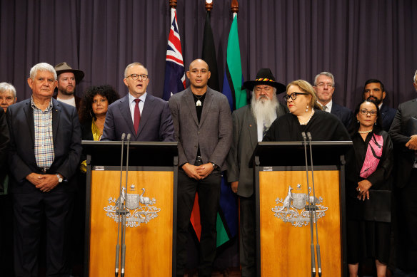 Prime Minister Anthony Albanese thanked the members of the working group on the Voice referendum at a press conference in March.