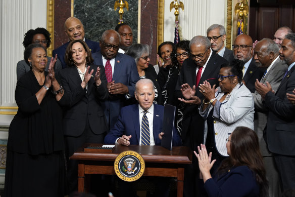 US President Joe Biden signs a proclamation to establish the Emmett Till and Mamie Till-Mobley National Monument.