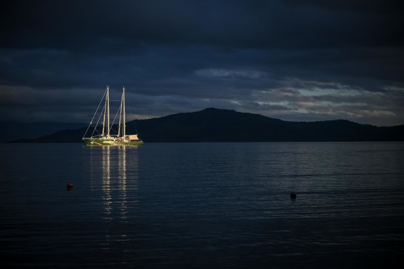 Greenpeace’s Rainbow Warrior at anchor near the island of Kioa.