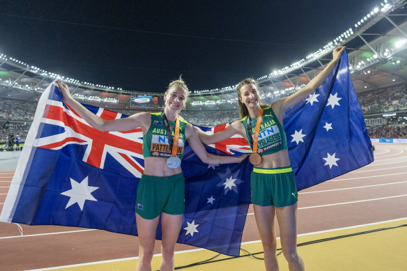 Eleanor Patterson (left) claimed silver and Nicola Olyslagers was the  women’s high jump bronze medallist in Budapest.