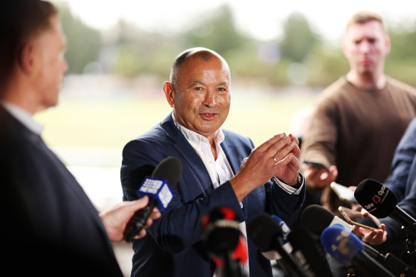 Eddie Jones speaking with media at Coogee Oval after the Rugby World Cup.