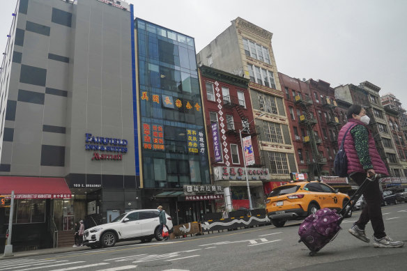 The glass facade building (second from left) is believed to be the site of a foreign police outpost for China in New York’s Chinatown.