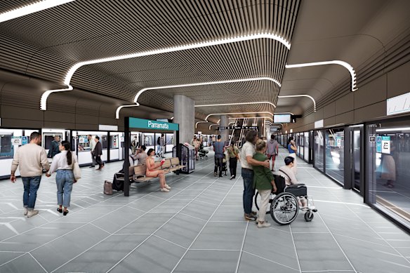 An artist’s impression of platforms for Parramatta’s new metro station.  