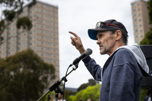 Robbie Thorpe addresses the rally on Saturday.