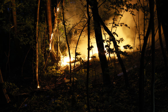 A view of a fire after a Russian military drone was downed in downtown Kyiv.