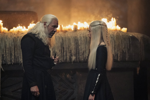 Paddy Considine as King Viserys I Targaryen and Milly Alcock as Princess Rhaenyra Targaryen in House of the Dragon.