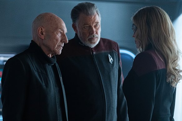 Old soldiers never die … Stewart’s Picard with Riker (Jonathan Frakes) and Seven of Nine (Jeri Ryan) in the sequel, Picard.