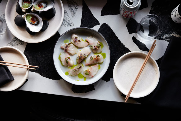 Oysters with a tozasu jelly and other delectables at Moonlight Byron Bay.