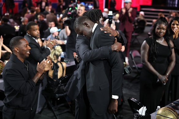 10th pick Khaman Maluach is overcome with emotion after being selected in the NBA Draft on Thursday.
