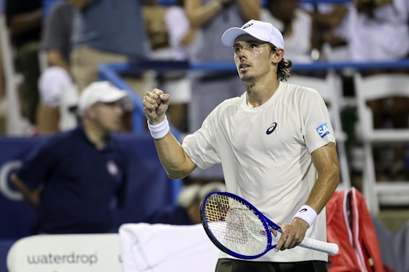 Alex de Minaur celebrates winning through to the final in Washington.