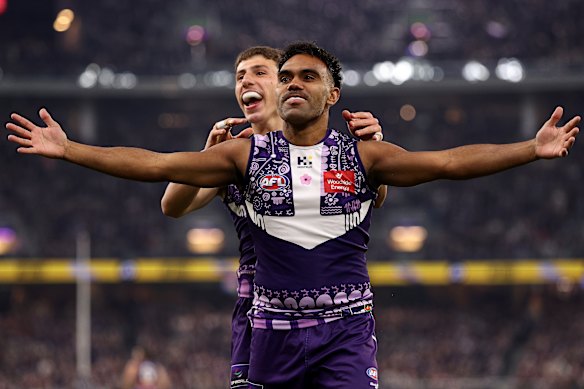 Isaiah Dudley celebrates a goal as the Dockers made it a record 10 straight wins.