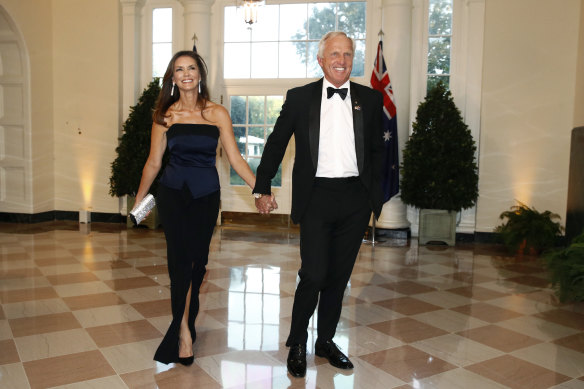 Greg Norman and wife Kirsten Kutner arrive for a state dinner at the White House in 2019.