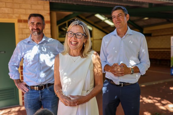 Liberal Leader Libby Mettam with Churchlands candidate Basil Zempilas (right) and Scarborough candidate Damien Kelly at Yuluma Primary School.