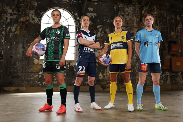 Current and former Matildas Chloe Logarzo, Elise Kellond-Knight, Kyah Simon and Cortnee Vine ahead of the start of the A-League this weekend.