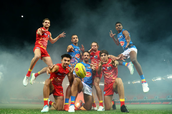 Gold Coast’s jumper was designed by defender and artist Jy Farrar.