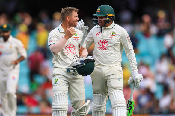 Usman Khawaja with David Warner during Warner’s final Test match in January.