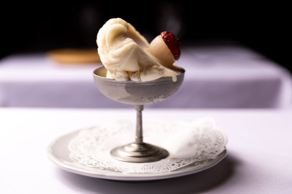 A straight and simple dessert of stunningly sharp lemon gelato topped with lychee and ginger sorbet.