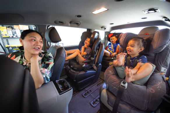 May Ng and her children, Zara, 5, Solomon, 8, and Layla, 2, are keen to use Uber’s car seats.