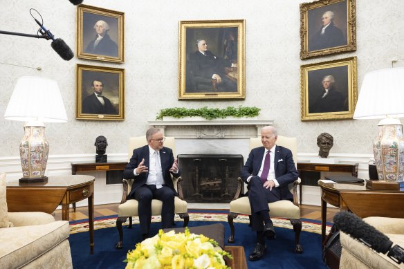 Prime Minister Anthony Albanese at a press conference with US President Joe Biden, who said he had asked Israel to slow its operation to aid the rescue of hostages.